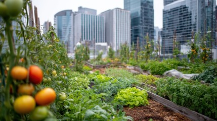 Fototapeta premium This rooftop garden features lush rows of vegetables including tomatoes and greens surrounded by towering city skyscrapers. The scene captures urban agriculture flourishing in a modern environment.