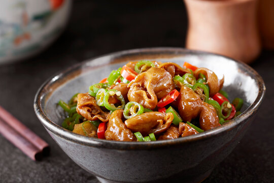 Close-up of a side dish, spicy stir-fried pork intestines
