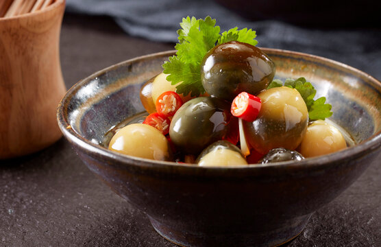 Closeup of a side dish, preserved egg salad
