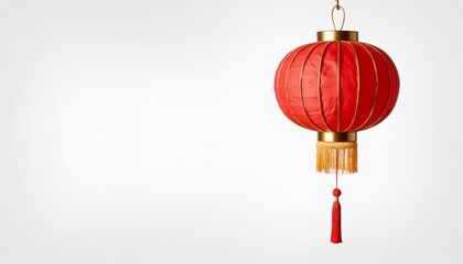 Red Chinese lantern hanging with golden accents on white background  