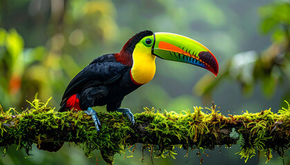 Toucan in tropical branch, vibrant beak colors, soft sunlight, wide shot, shallow depth.