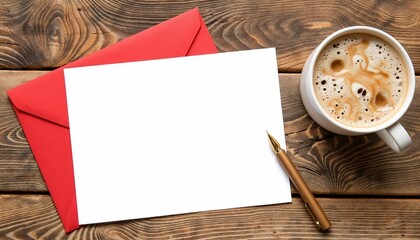 Blank stationery with red envelope and coffee cup on wooden table  