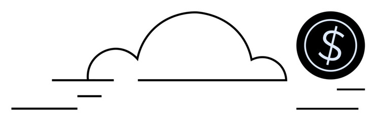 Black cloud graphic with thin horizontal lines and a dollar coin on the right. Ideal for finance, technology, cloud services, digital economy, investment, online transactions, simple flat metaphor