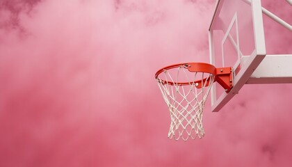 Basketball hoop against pink background with clouds 