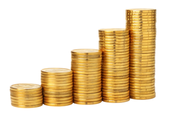 Stacks of golden coins, cutout, PNG isolated on white or transparent background, generated AI