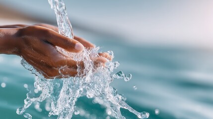 Fototapeta premium Human hand catching water with splashes, demonstrating fluid movement.
