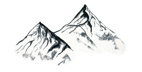 Black and white watercolor ink hand painting mountains peak illustration. Sketchy simple snow hills landscape isolated on white background, outdoor travel concept, outdoors park symbol