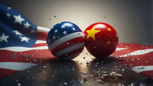 A conceptual image representing the political and economic relationship between the USA and China, featuring spheres adorned with national flags