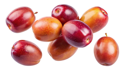 A vibrant cluster of ripe red and orange plums showcasing their smooth skin and oval shape isolated on transparent background