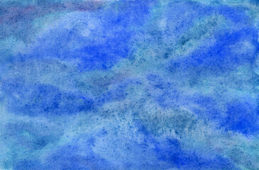Vibrant aquamarine blue watercolor wavy textured background. Muted colors marine watercolour painting backdrop for water design, abstract splash or cloud concept