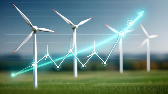 Wind turbines with growing graph and data visualization on renewable energy trends - Powered by Adobe