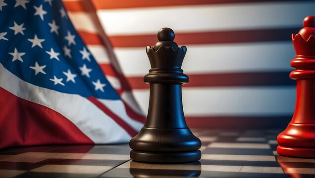 A dramatic chess match unfolds with patriotic fervor, a powerful queen stands poised, symbolic of strategic prowess and geopolitical tension, and a battle of intellect