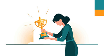Appreciating Victory: A Woman Celebrating Her Success With A Golden Trophy In A Modern Design