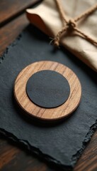 Fototapeta premium Round wooden sticker mockup with dark center on textured slate. Kraft paper bag tied with twine sits behind it. Studio shot for branding or design presentation.