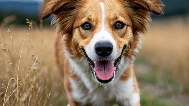 Energetic dog joyfully bounding through tall grassy field with playful expression