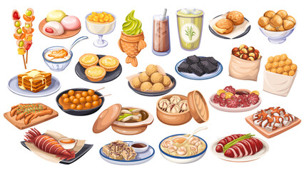 Colorful set of Hong Kong street food desserts, snacks, drinks, and savory dishes. Cartoon vector illustration of Chinese dishes for posters, menus, packaging, or editorial food projects.