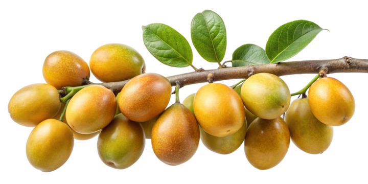 A cluster of ripe yellow and orange oval shaped fruits hanging from a thin branch with green leaves isolated on transparent background