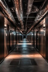 Obraz premium Industrial basement hallway with exposed pipes and modern lighting