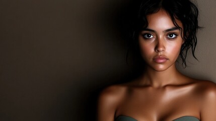 Fototapeta premium Young hispanic female with dark hair and neutral expression in minimalist portrait