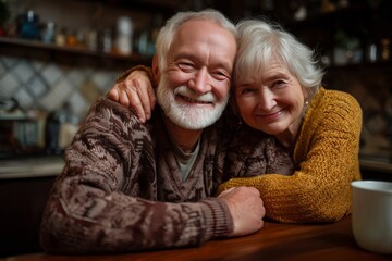 Happy senior couple hugging at home in cozy kitchen. Smiling elderly man and woman showing love, warmth and long lasting relationship. Perfect for lifestyle, family and holiday themes.