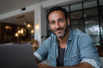 Confident middle-aged man working on laptop at home office. Remote work, business, technology and lifestyle concept. Modern entrepreneur smiling at camera, productivity and success.