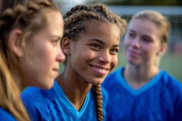 Smiling teenage girls in soccer team wearing blue jerseys, standing together on sports field. Youth teamwork, friendship, diversity, motivation and athletic success concept.