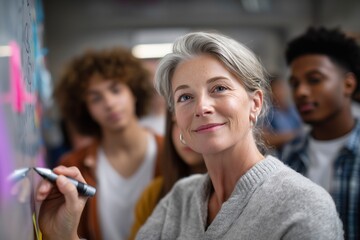 Obraz premium Confident senior female teacher writing on blackboard in classroom with diverse students. Modern education, leadership, knowledge sharing, inspiration and academic success concept.