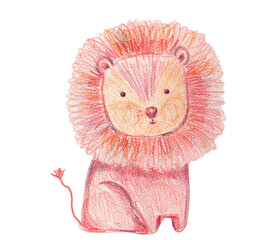 Cute crayon pencils textured hand drawing orange red lion illustration. Lovely childish safari animal for kids print design, textile decoration, greeting cards, stickers