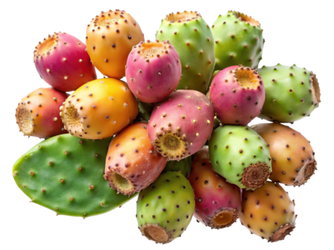 A vibrant assortment of ripe prickly pear fruits and a paddle shaped pad isolated on transparent background