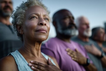 Diverse group of mature people meditating outdoors with hands on chest, practicing mindfulness and deep breathing. Senior wellness, gratitude, mental health and healthy lifestyle concept.