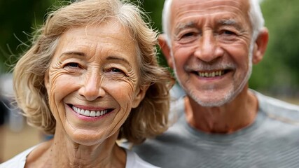 Joyful senior couple enjoying outdoor walk in lush green park