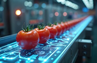 Red tomatoes move on futuristic conveyor belt with glowing digital circuit patterns. Automated system manages fresh produce processing and distribution on factory line.