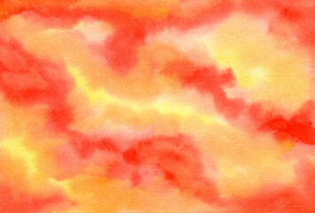 Vibrant wavy textured orange, red, yellow watercolor gradient texture background. Flame colors watercolour illustration for lava, heat spray design, abstract hand painting fire background