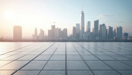 Tiled outdoor plaza with blurred city skyline background. Bright sunlit day shows tall modern buildings under a pale sky. Wide empty space offers perspective.
