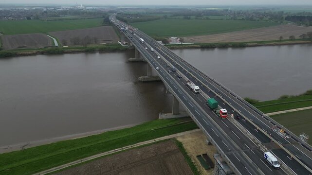 aerial view of The Ouse Bridge is a reinforced concrete plate girder bridge on the M62 that spans River Ouse. East Yorkshire 