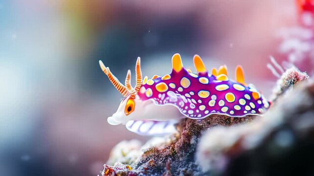 A vibrant nudibranch crawling on a coral surface in soft underwater light.