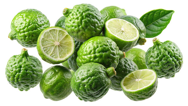 A vibrant collection of fresh green kaffir limes with some sliced in half showcasing their juicy interior isolated on transparent background