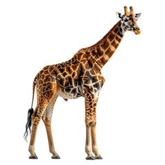Naklejka premium Tall giraffe standing, side view, on isolated black background. Brown spotted coat