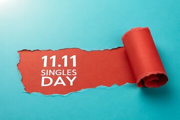 Torn paper reveals red background with singles day 11 11 sale announcement