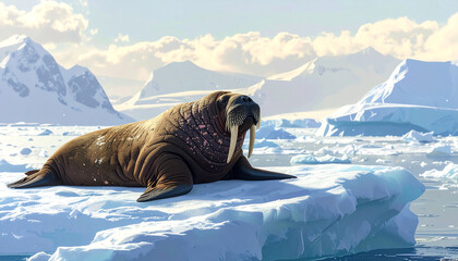 Walrus resting on ice floe, Arctic sunlight, realistic textures, wide shot, minimalis.