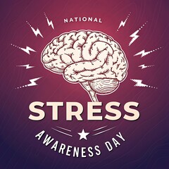 National stress awareness day illustration featuring a detailed human brain and lightning bolts