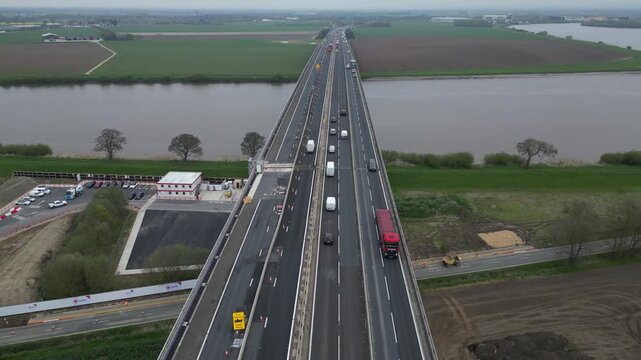 aerial view of The Ouse Bridge is a reinforced concrete plate girder bridge on the M62 that spans River Ouse. East Yorkshire 