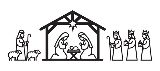 Nativity Scene Silhouette SVG | Holy Family Christmas Manger Line Art | Religious Clipart with Shepherds & Wise Men for Cricut, Laser Cutting & Sublimation