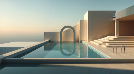 Obraz premium Abstract calm scene with architectural shapes, steps and swimming pool