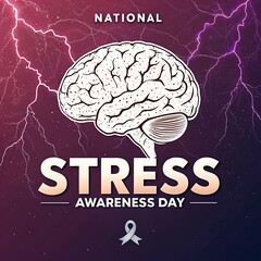 National stress awareness day illustration with a detailed brain and impactful background