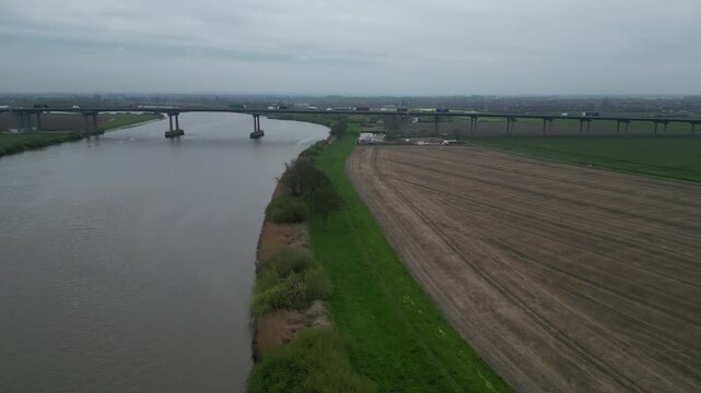 aerial view of The Ouse Bridge is a reinforced concrete plate girder bridge on the M62 that spans River Ouse. East Yorkshire 