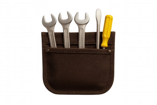 Handyman tool belt holding wrenches and screwdrivers, showing repair, maintenance, and diy concepts on transparent background