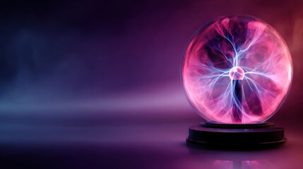 Colorful Plasma Globe Emits Vibrant Electrical Arcs in a Dark Setting With Soft Lighting Enhancing Its Glow and Captivating Design