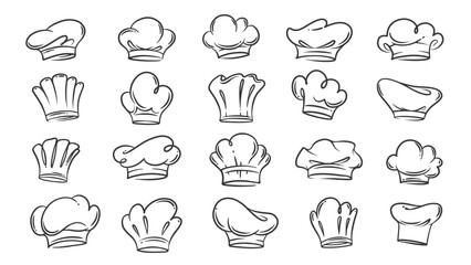 Chef hats contour icons set. Funny retro toques of baker and pastry cook, cooker and pizzaiolo. Kitchen staff and recipe mascot, hand drawn restaurant chefs cap icons collection vector illustration