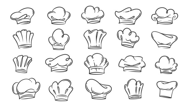 Chef hats contour icons set. Funny retro toques of baker and pastry cook, cooker and pizzaiolo. Kitchen staff and recipe mascot, hand drawn restaurant chefs cap icons collection vector illustration